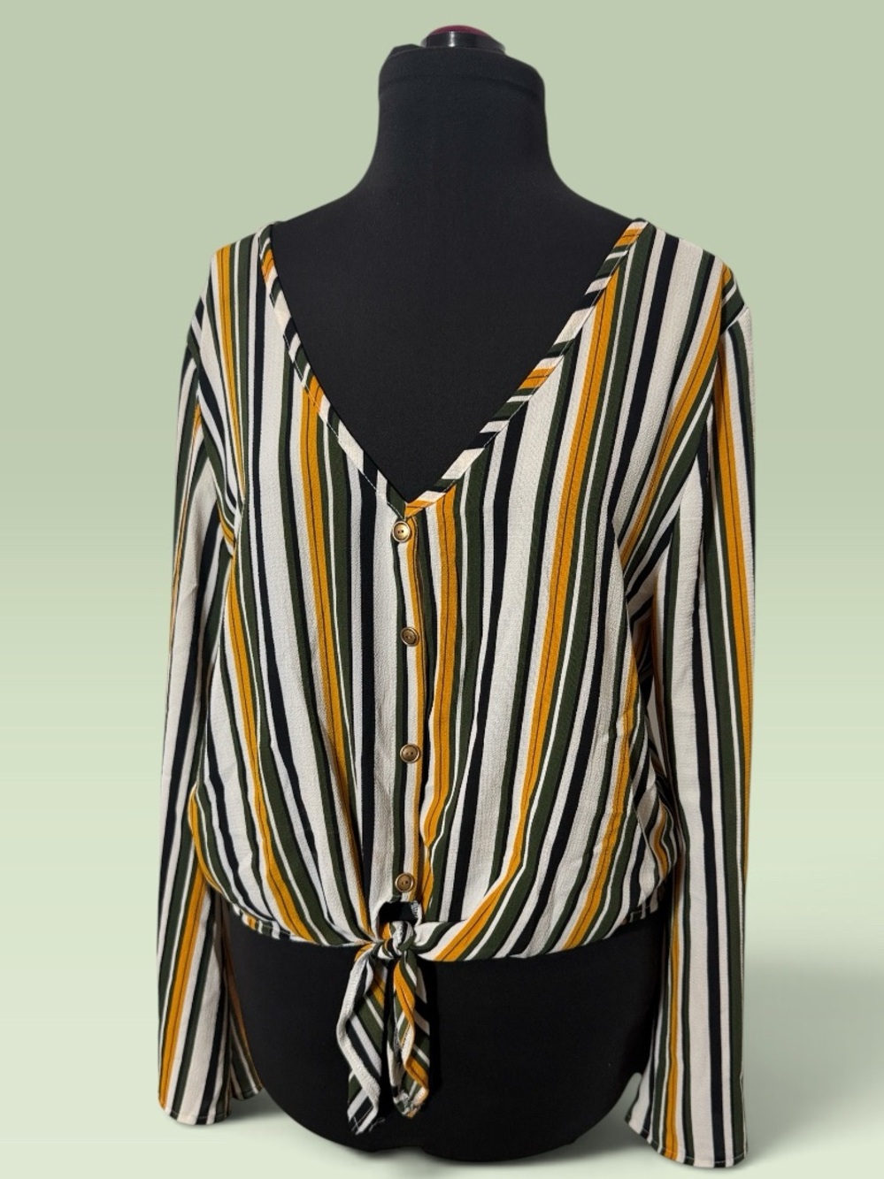 Striped Button-Front Tie Hem Blouse in Mustard, Black & White